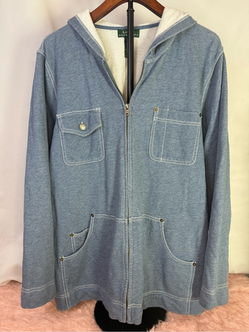 Ralph Lauren - 100% Cotton Light Blue Hooded Zip Sweater - Size 1X